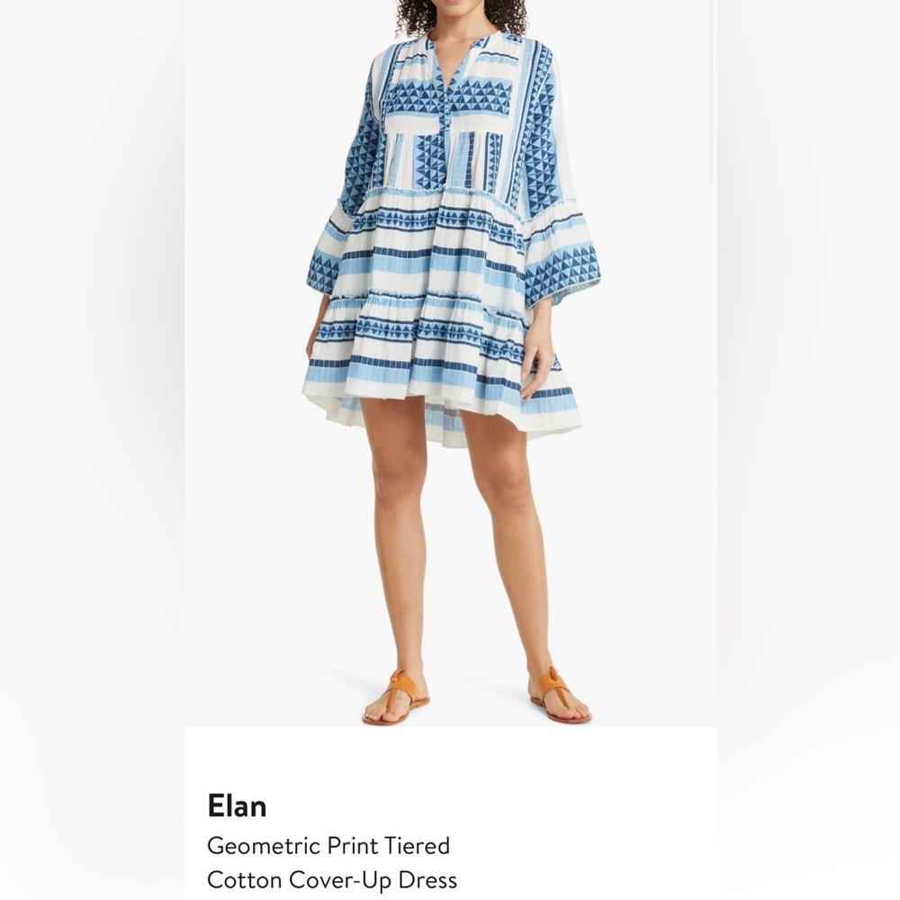 Elan Blue and White Geometric Print Cover-Up Dress